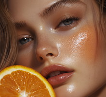 Woman holding orange slice, glowing skin.