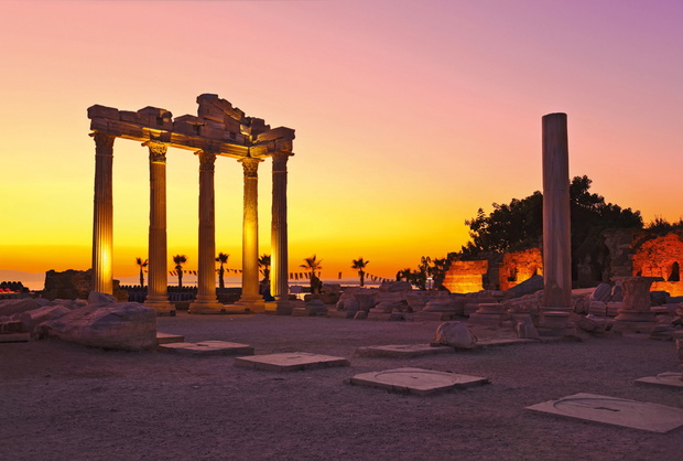 Old ruins in Side, Turkey at sunset