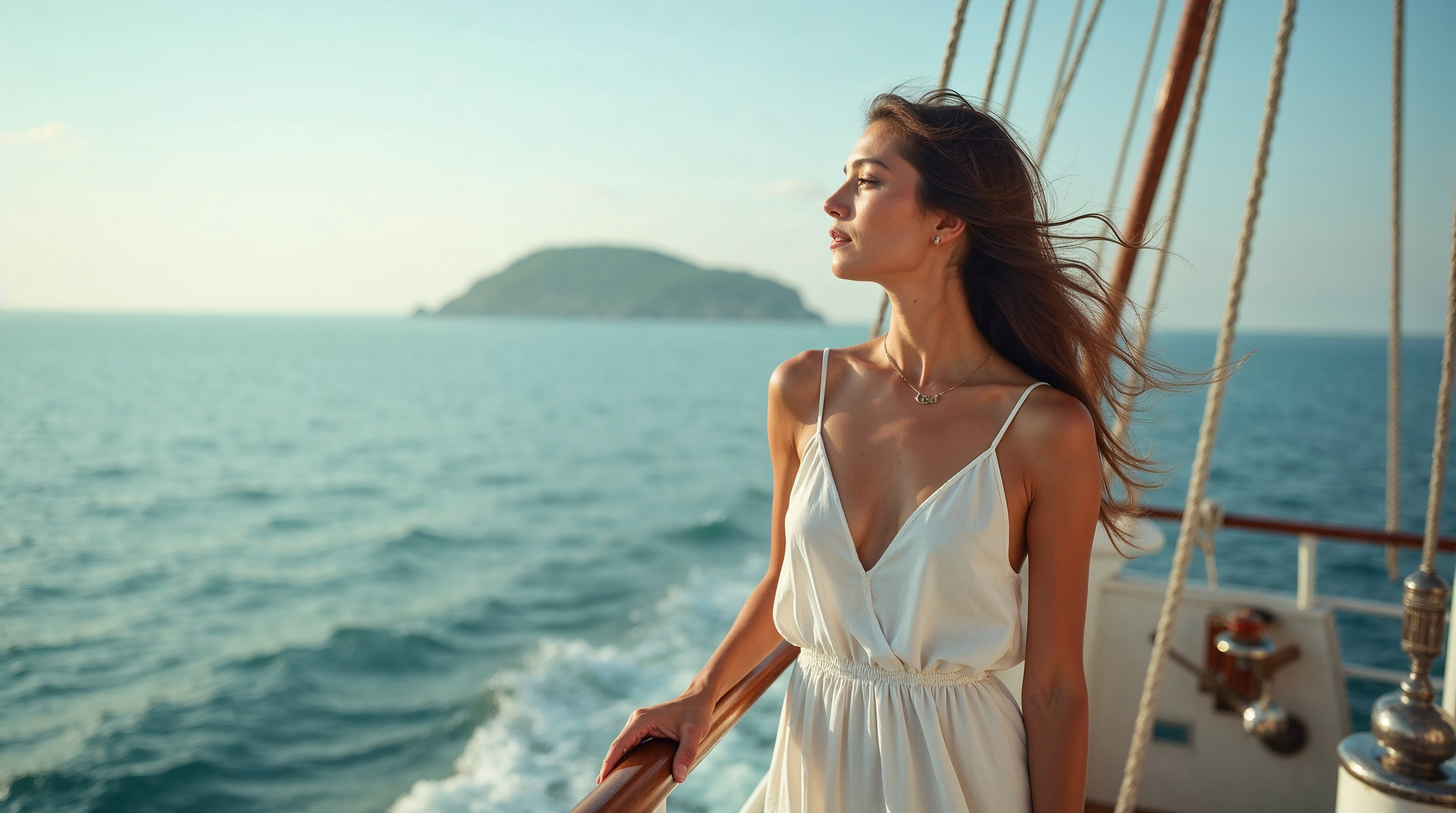 Relaxed woman enjoying sea breeze on a yacht with serene ocean view and copy space.