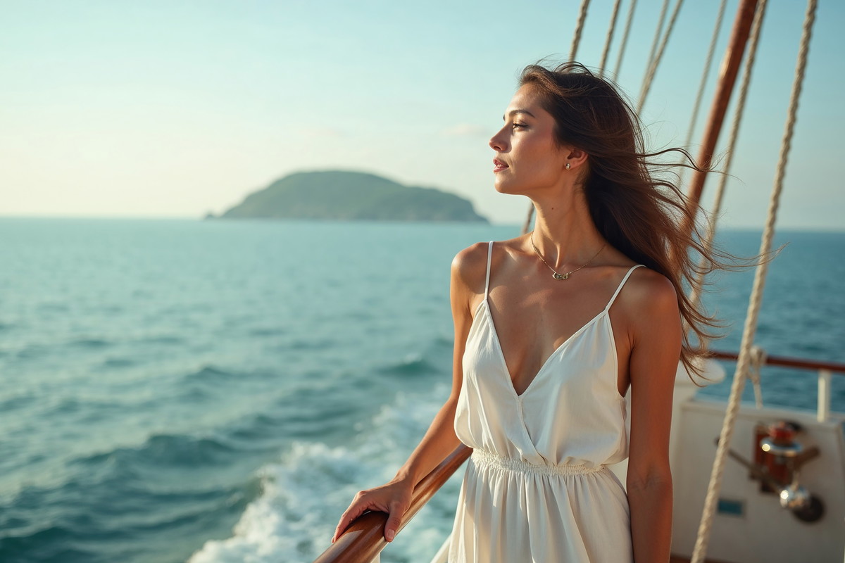 Relaxed woman enjoying sea breeze on a yacht with serene ocean view and copy space.