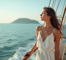 Relaxed woman enjoying sea breeze on a yacht with serene ocean view and copy space.
