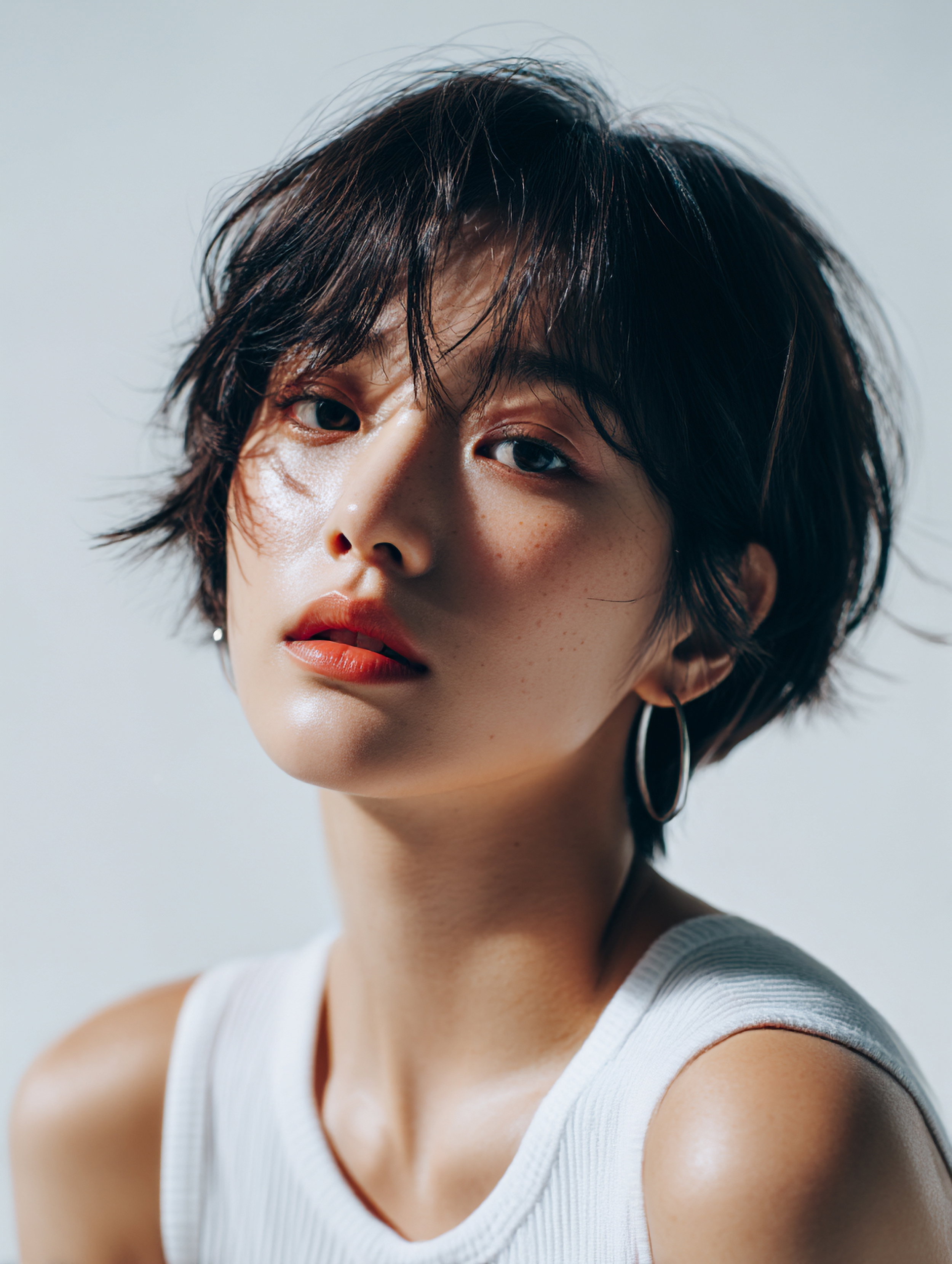 Korean Woman with Short Hair in White Outfit Beauty Portrait, Minimal Beauty Shoot of Asian Model with Short Hair in White, 20s Korean Female Beauty Stock Photo, AI Beauty Model in White Clothing