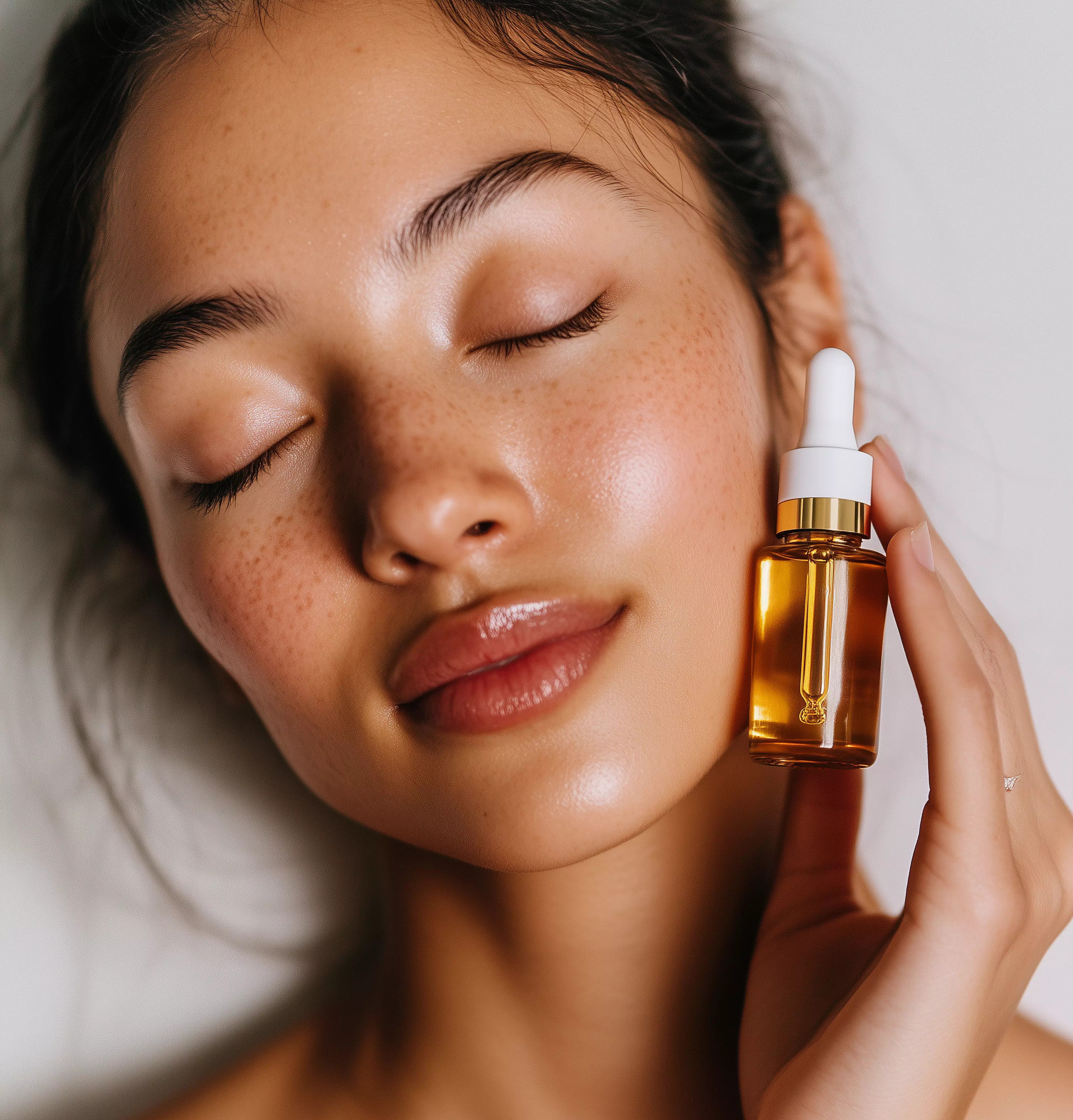 Beautiful woman with closed eyes and fresh hydrated glowing skin face holding moisturizing serum dropper. Skincare cosmetic beauty mock up.