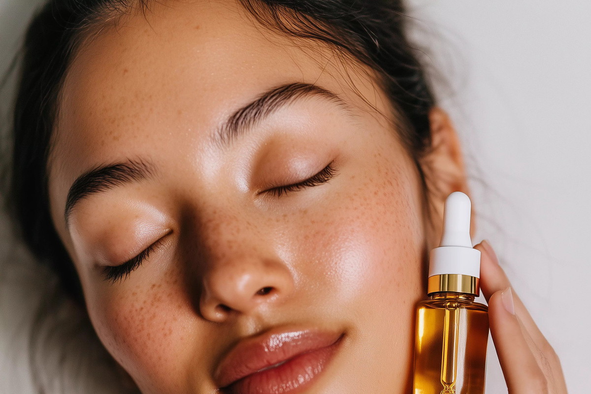 Beautiful woman with closed eyes and fresh hydrated glowing skin face holding moisturizing serum dropper. Skincare cosmetic beauty mock up.