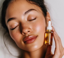 Beautiful woman with closed eyes and fresh hydrated glowing skin face holding moisturizing serum dropper. Skincare cosmetic beauty mock up.