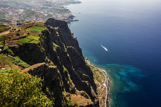 Madeira island, Portugal. Landscape on the Southern Coast, Cabo Girao, Atlantic Ocean and Funchal.