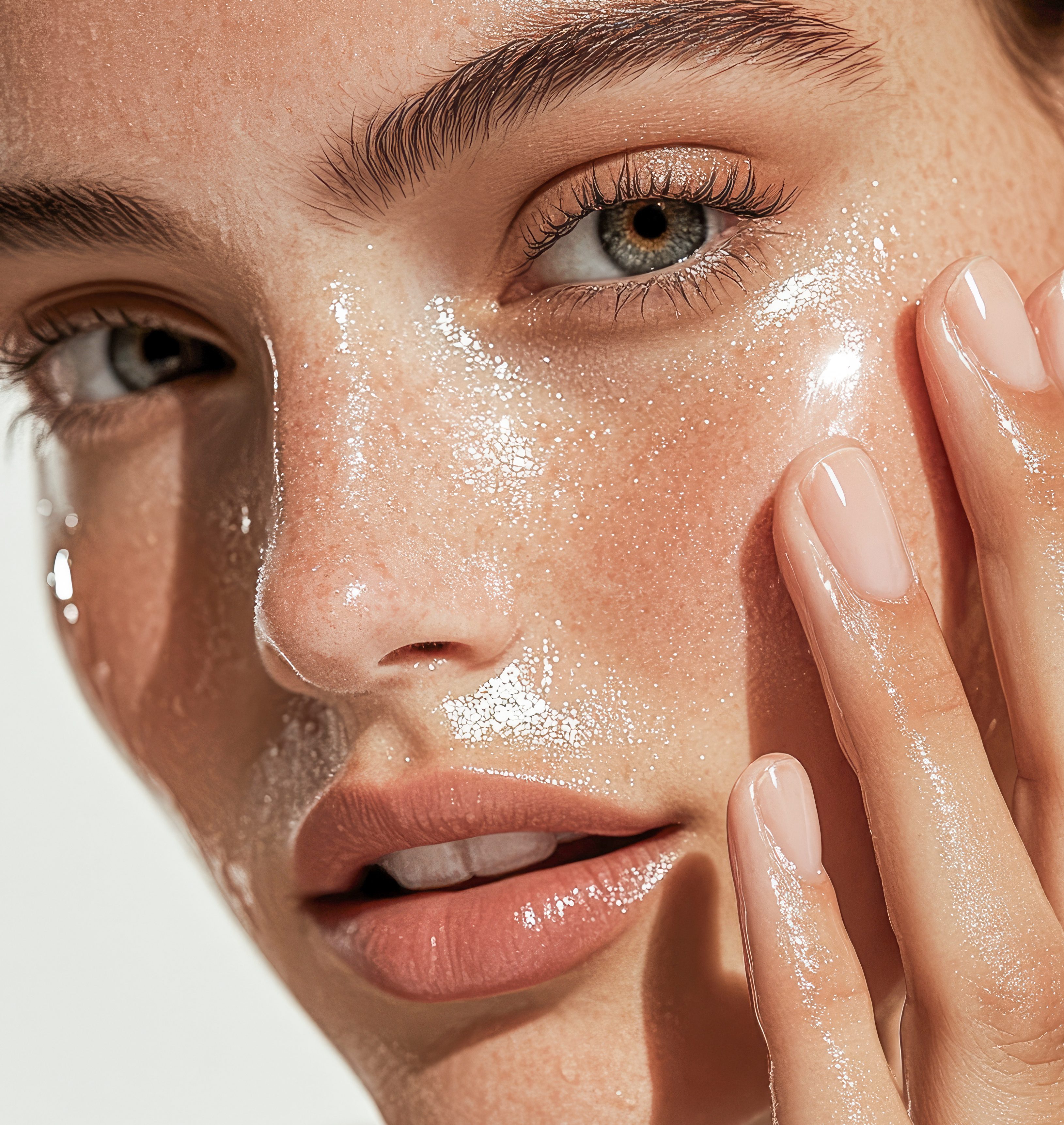 A high-resolution close-up of a woman applying a luxurious facia