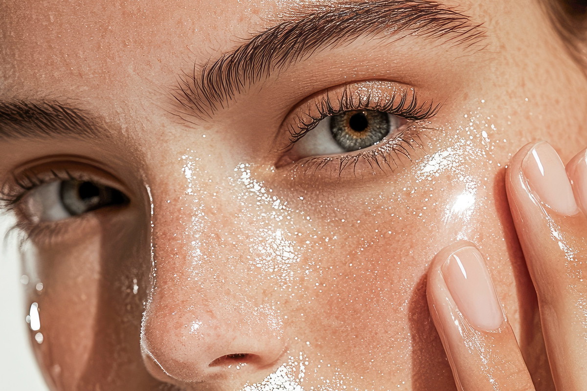 A high-resolution close-up of a woman applying a luxurious facia