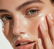 A high-resolution close-up of a woman applying a luxurious facia