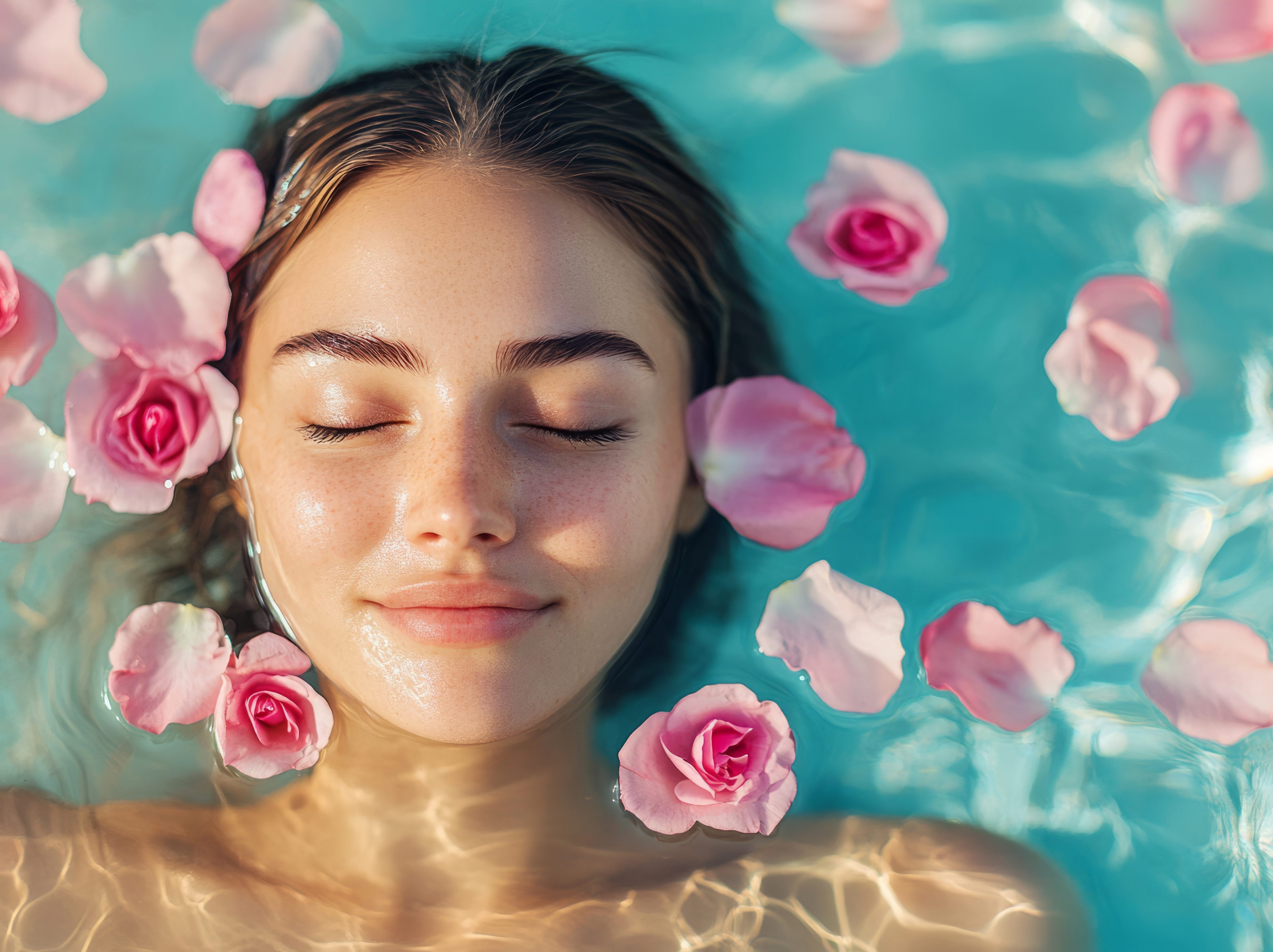 Woman floating in water with pink rose petals