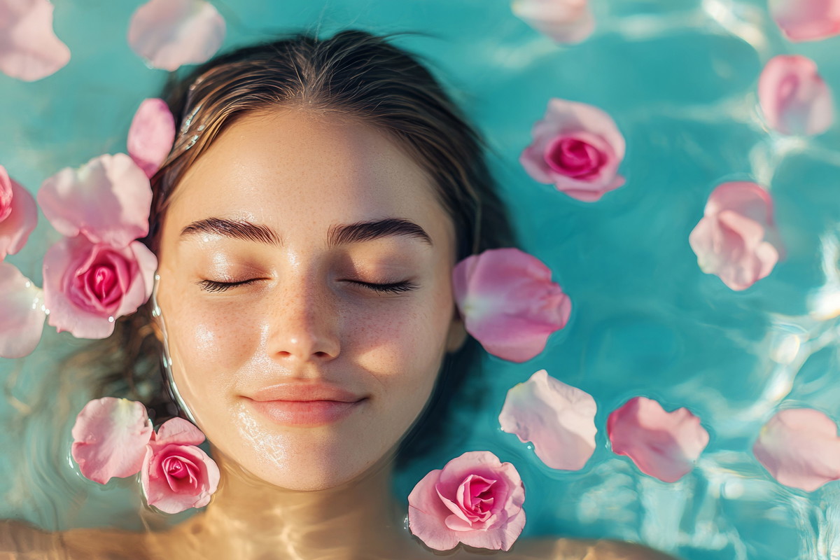 Woman floating in water with pink rose petals