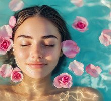 Woman floating in water with pink rose petals