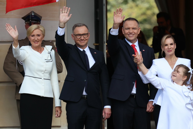 Agata Kornhauser-Duda, Andrzej Duda, Karol Nawrocki, Marta Nawrocka, Katarzyna Nawrocka 06.08.2025 Warszawa Wejscie pary prezydenckiej Marty i Karola Nawrockich do Palacu Prezydenckiego