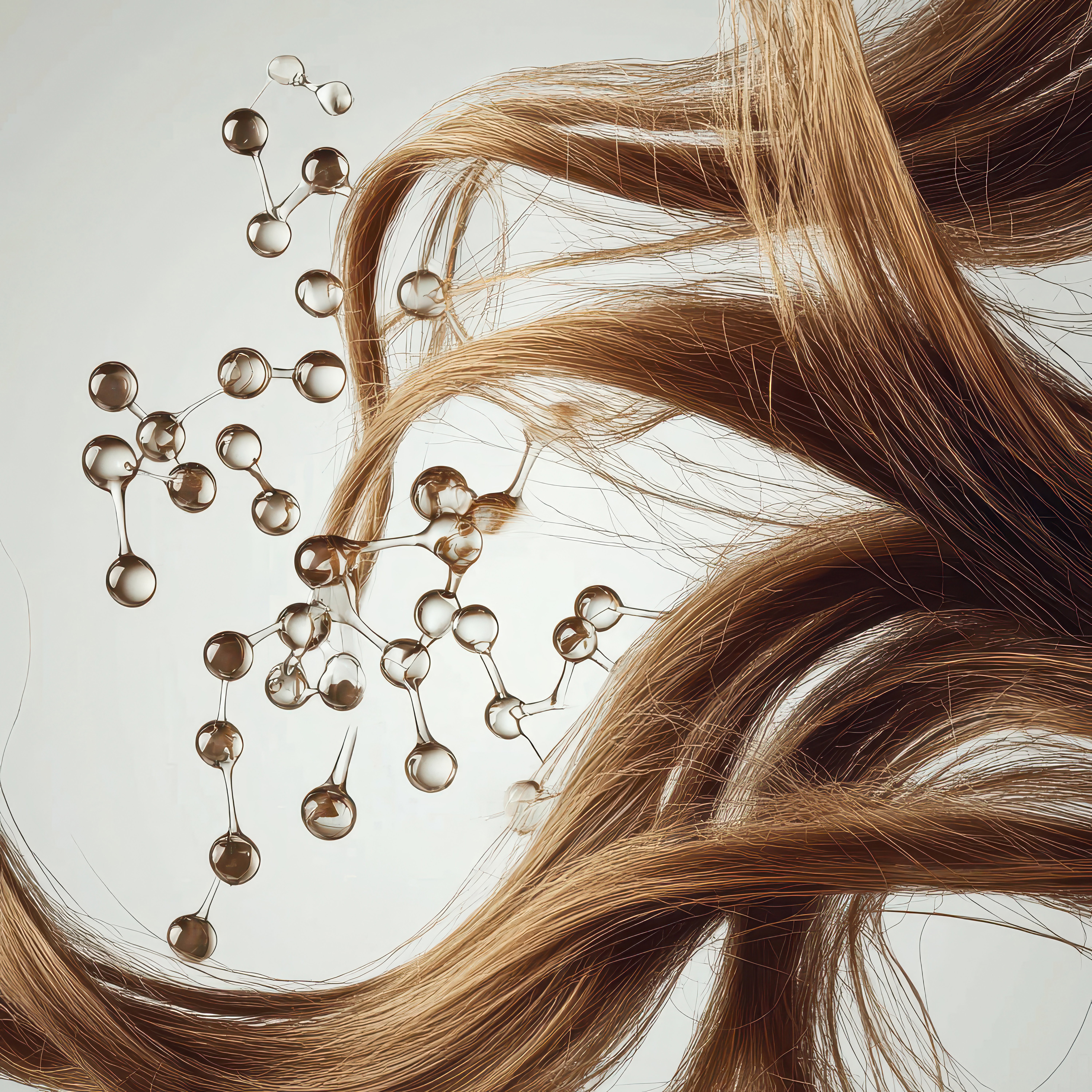 Hair care products with molecules floating around blonde hair strands