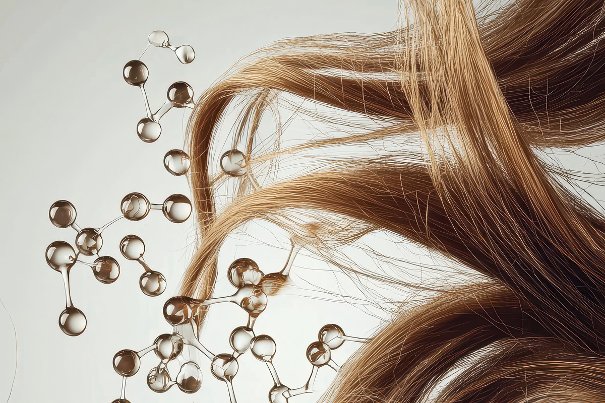 Hair care products with molecules floating around blonde hair strands