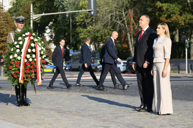 Karol Nawrocki, Marta Nawrocka, obchody Święta Wojska Polskiego, Warszawa, pomnik Marszałka Józefa Piłsudskiego przy Belwederze, 15.08.2025 r.