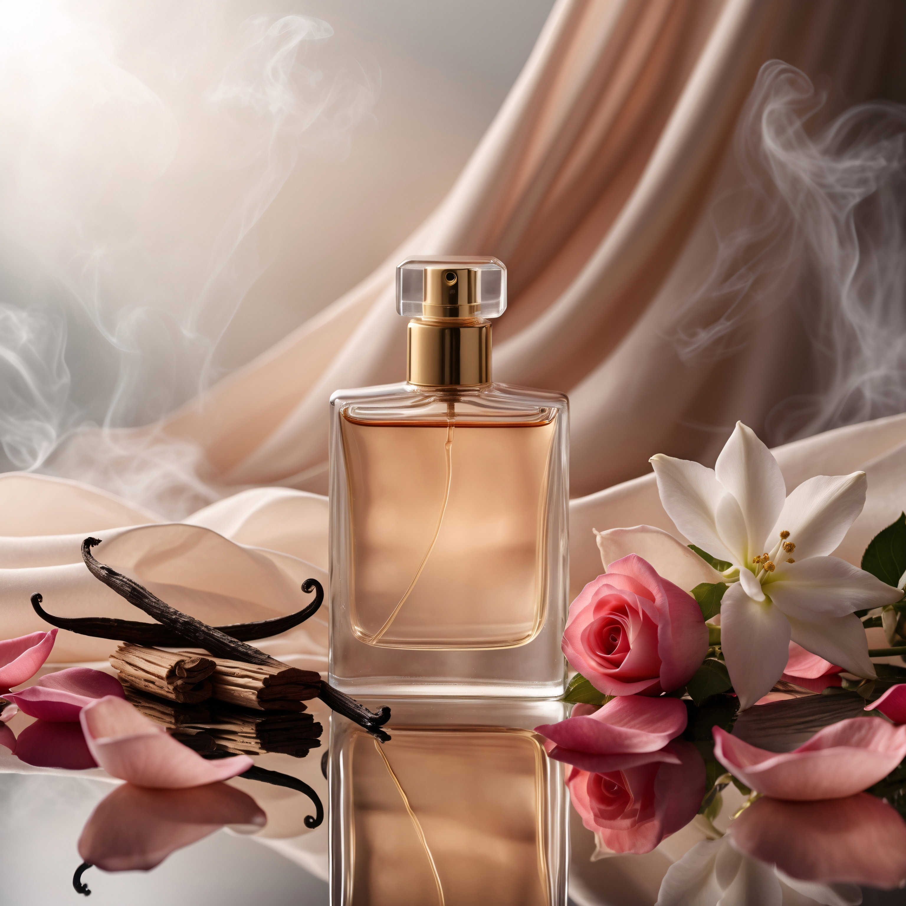 artistic product photo flat lay of transparent rosy perfume bottle vanilla detail red flowers and satin gold fabric on glass surface product display advertising mockup design template