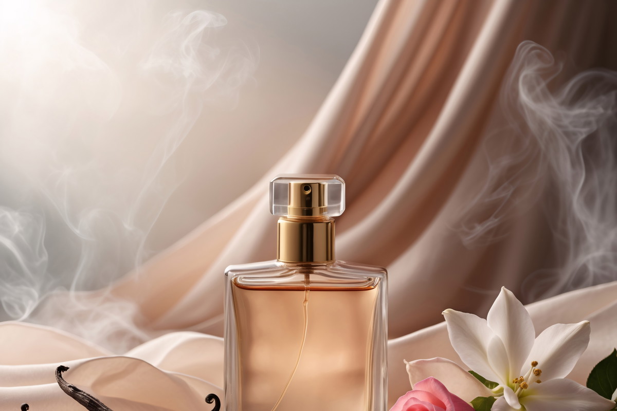 artistic product photo flat lay of transparent rosy perfume bottle vanilla detail red flowers and satin gold fabric on glass surface product display advertising mockup design template