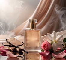 artistic product photo flat lay of transparent rosy perfume bottle vanilla detail red flowers and satin gold fabric on glass surface product display advertising mockup design template