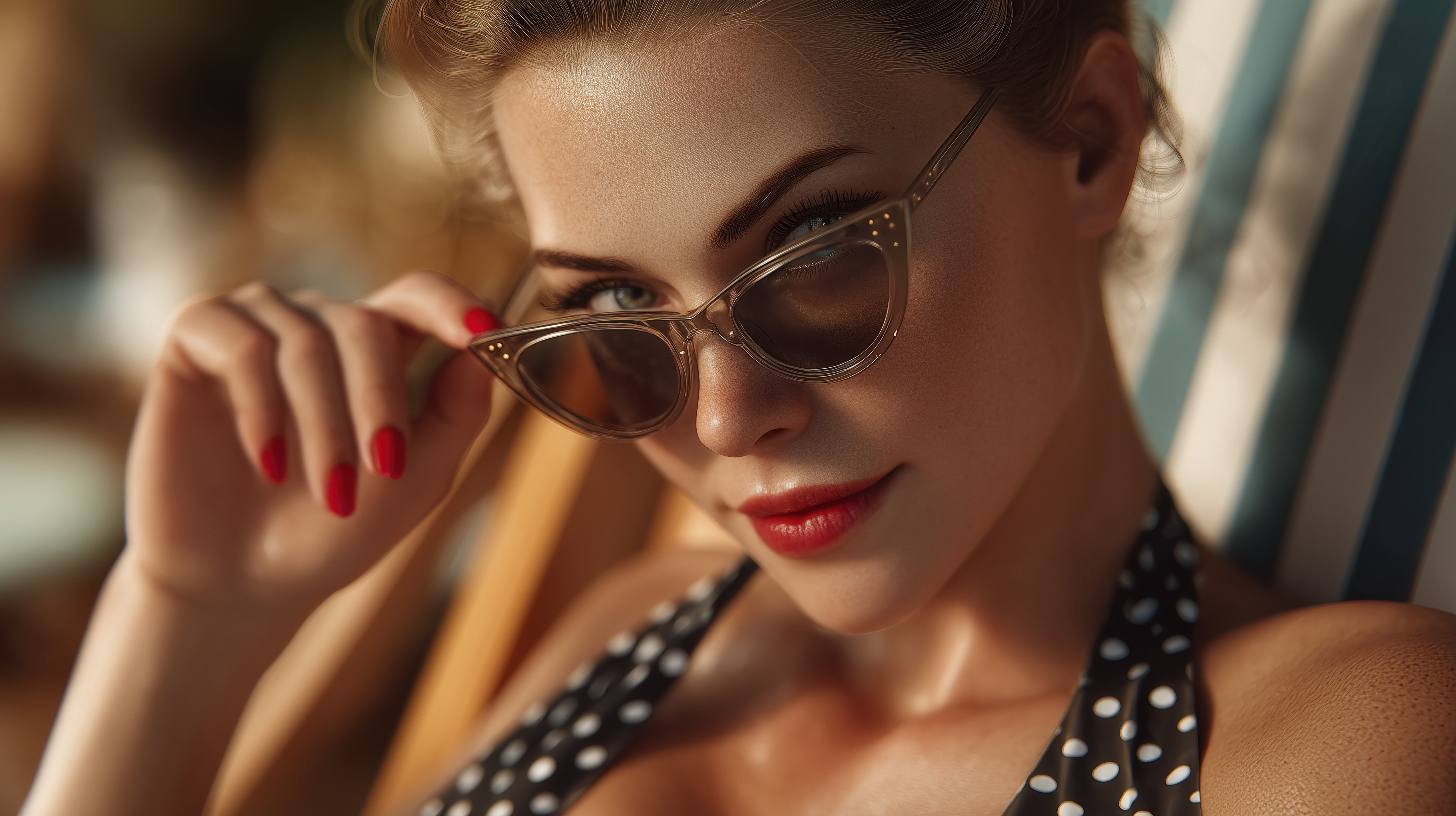 Beachside Shot of Vintage Woman in Sunglasses and Red Nails