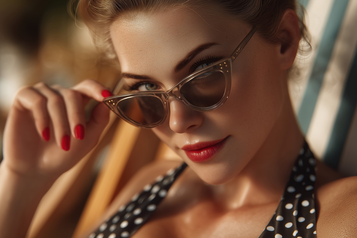 Beachside Shot of Vintage Woman in Sunglasses and Red Nails