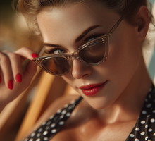 Beachside Shot of Vintage Woman in Sunglasses and Red Nails