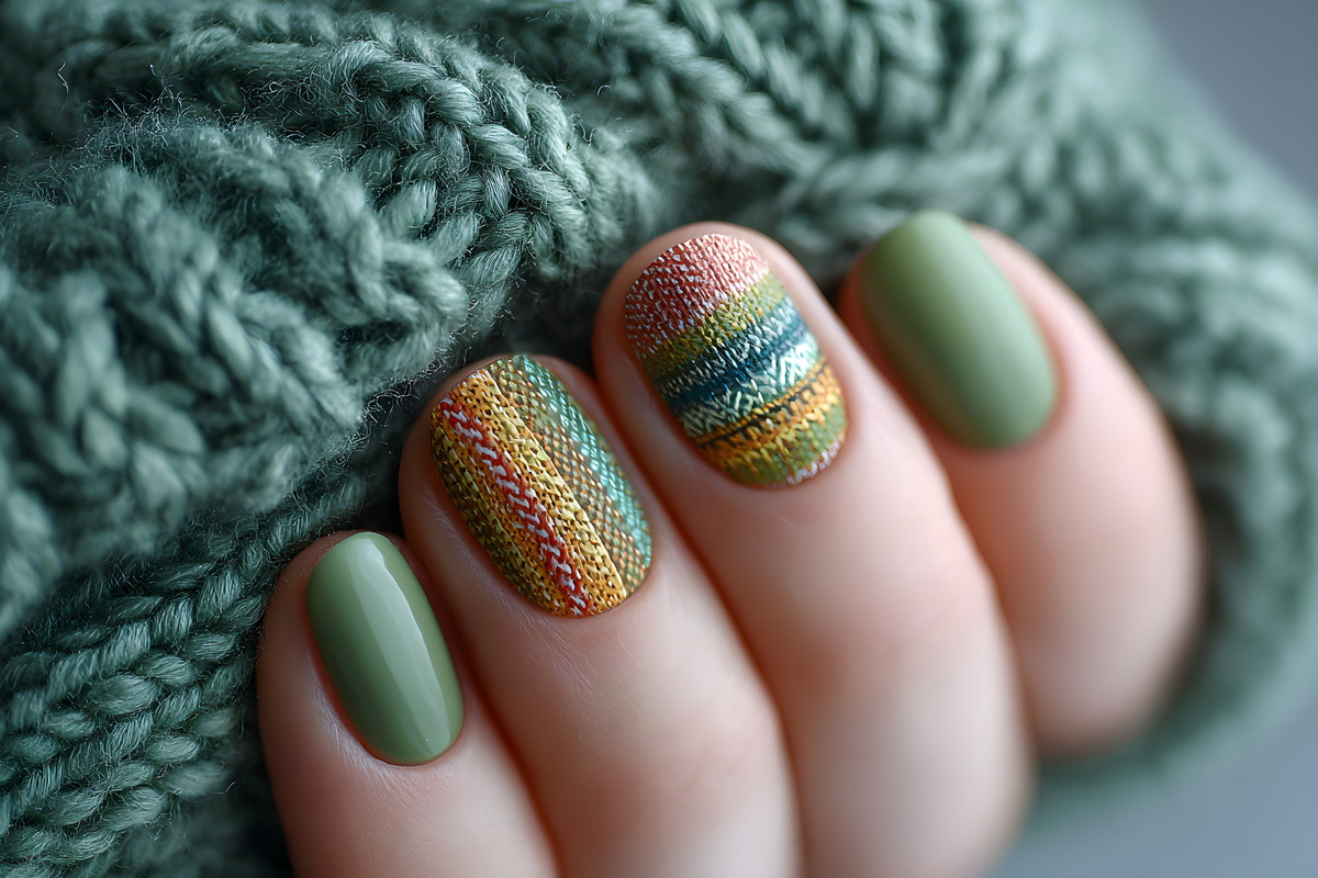 Autumn colors manicure on short round natural nails with green knitted scarf