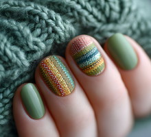 Autumn colors manicure on short round natural nails with green knitted scarf