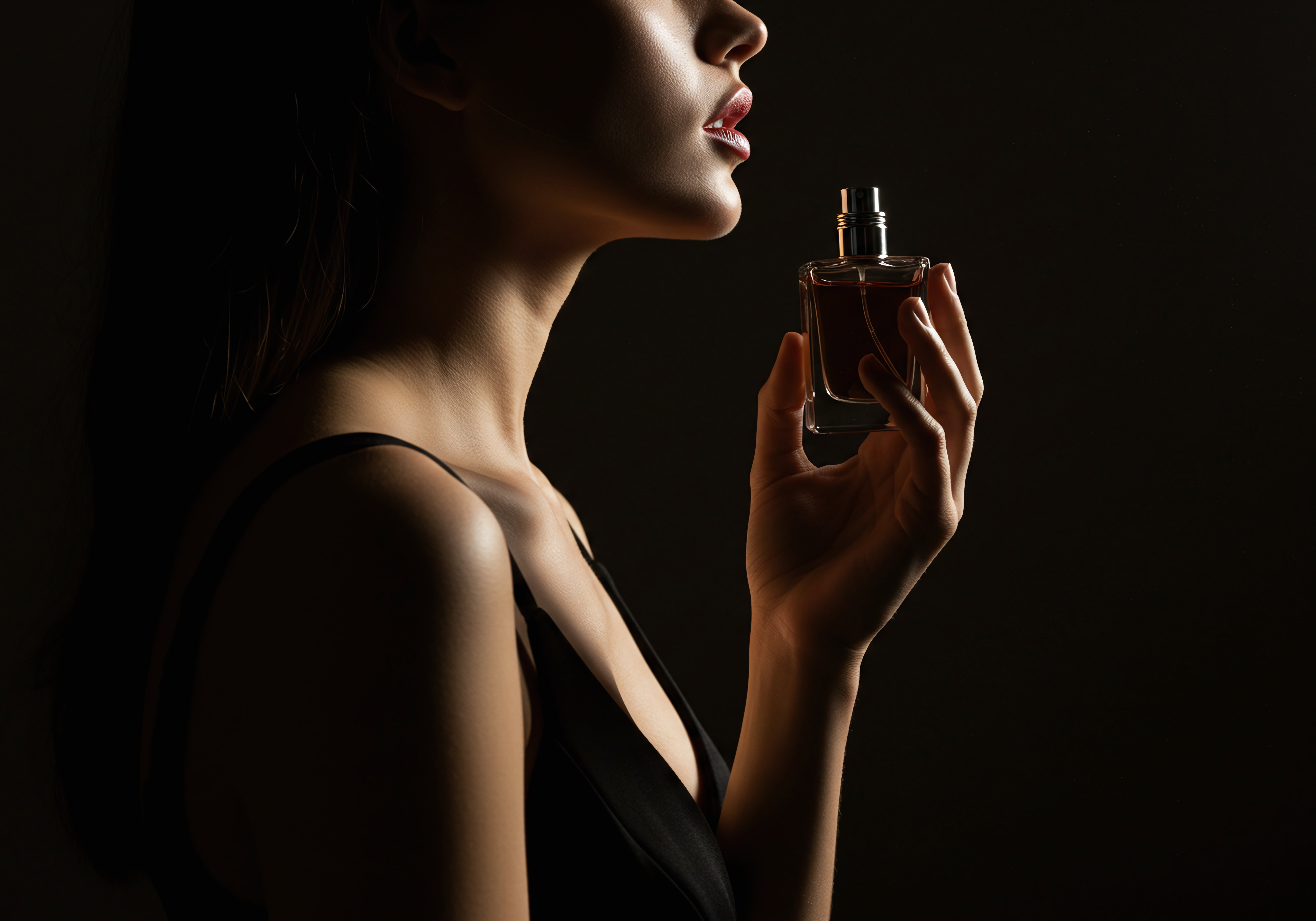 Woman in a black dress holding a perfume bottle close to her neck, captured with dramatic low light for a sensual and intimate mood.