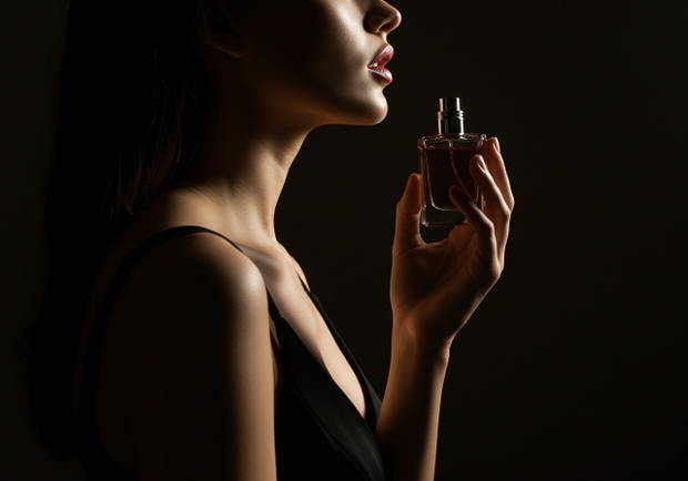 Woman in a black dress holding a perfume bottle close to her neck, captured with dramatic low light for a sensual and intimate mood.