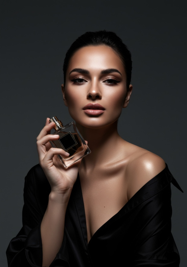 Elegant woman holding perfume bottle in glamorous fashion portrait