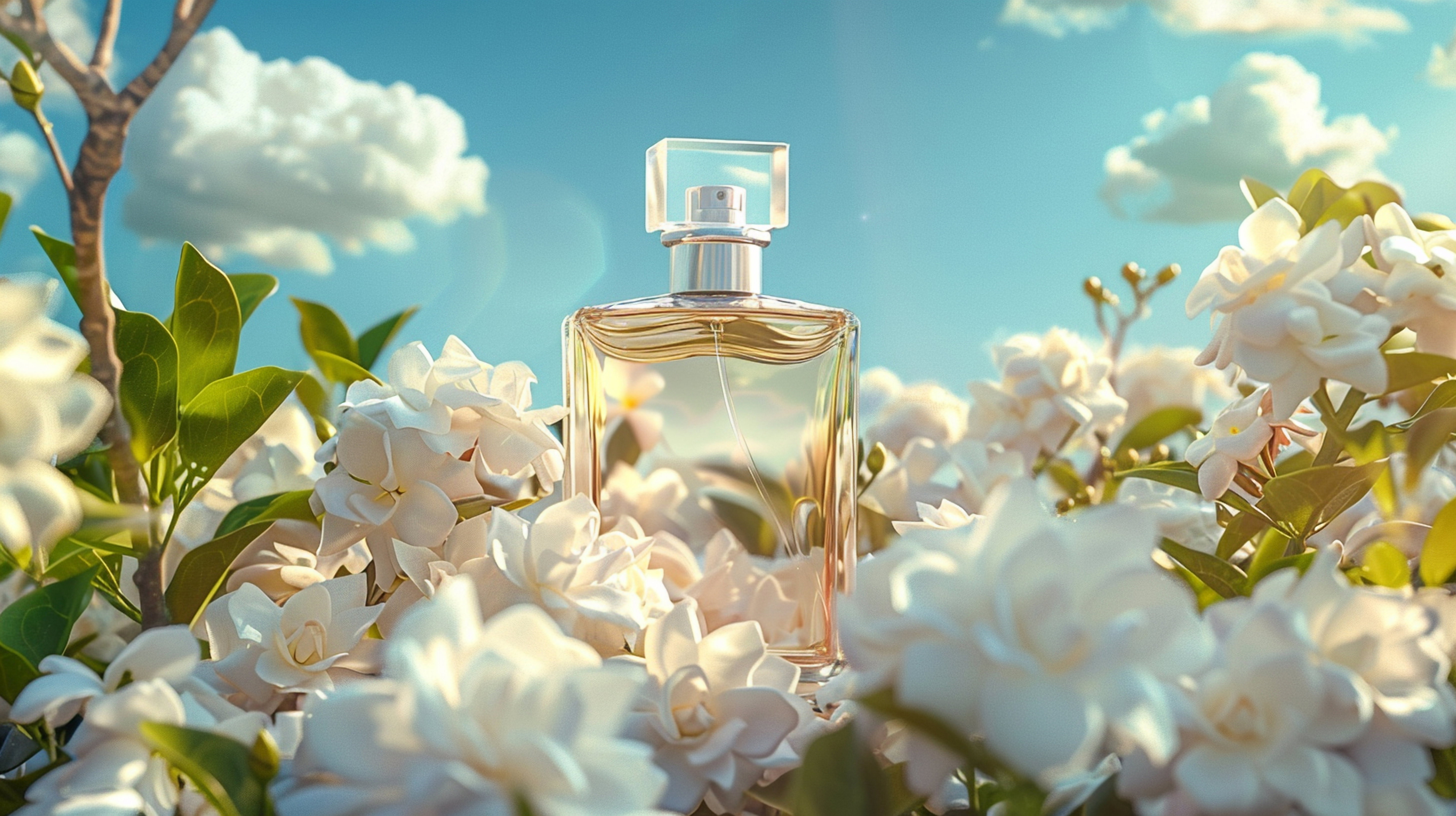 Perfumy na tle nieba i kwiatów