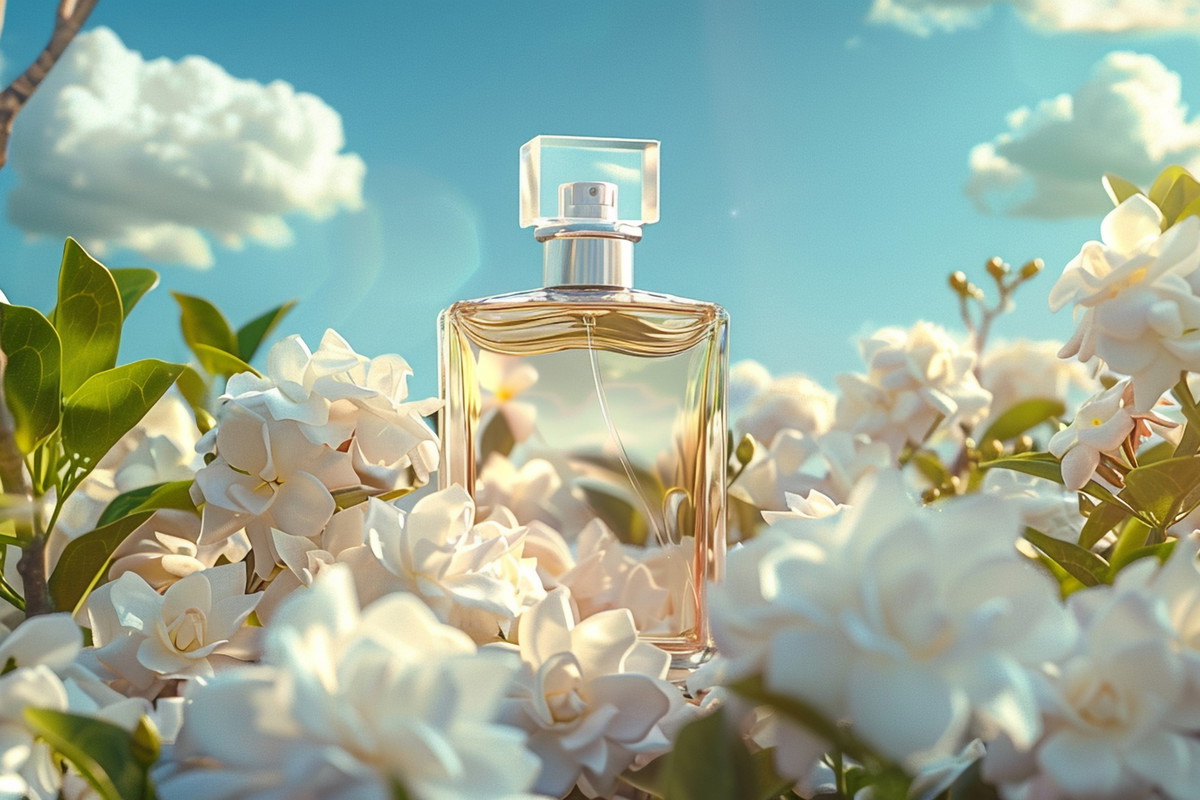 Perfumy na tle nieba i kwiatów