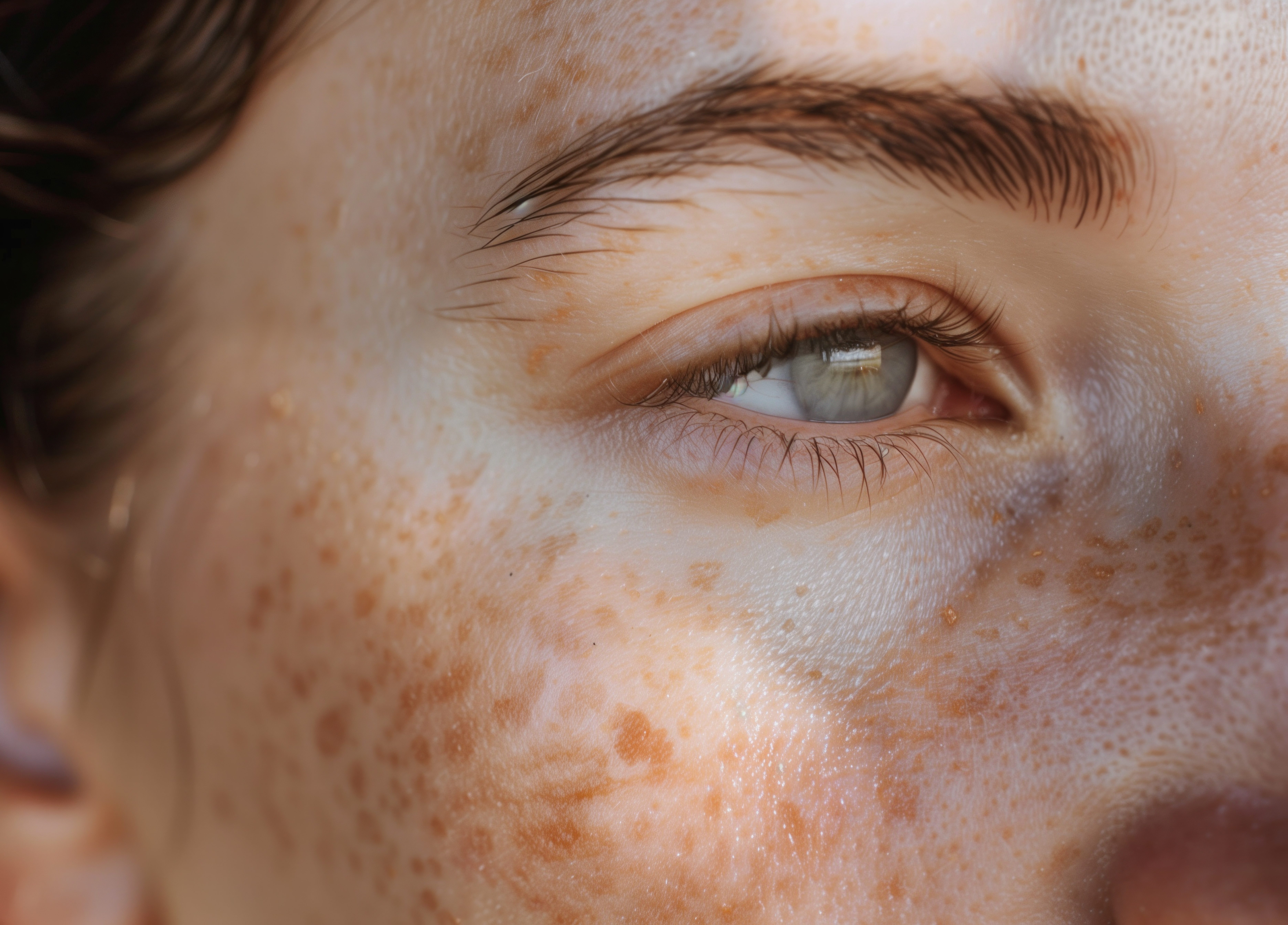 Face skin with pigmentation stains, closeup photo