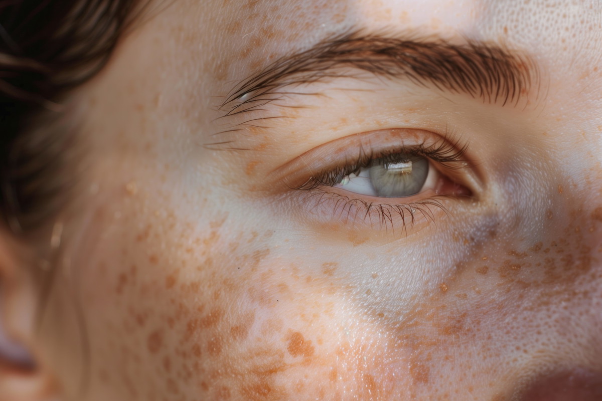 Face skin with pigmentation stains, closeup photo