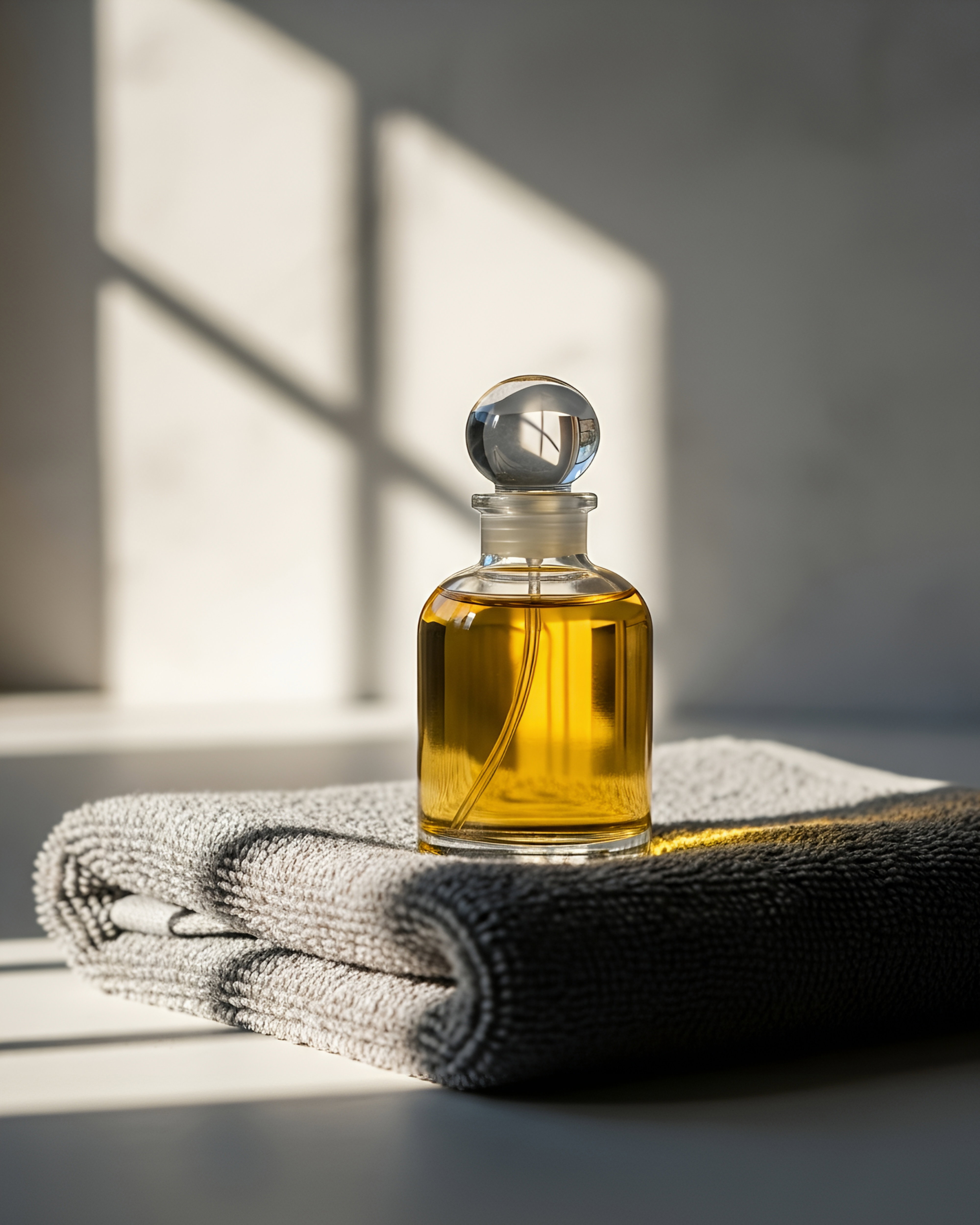 A glass bottle with golden liquid sits atop a folded gray towel, bathed in sunlight casting shadows on a white surface.