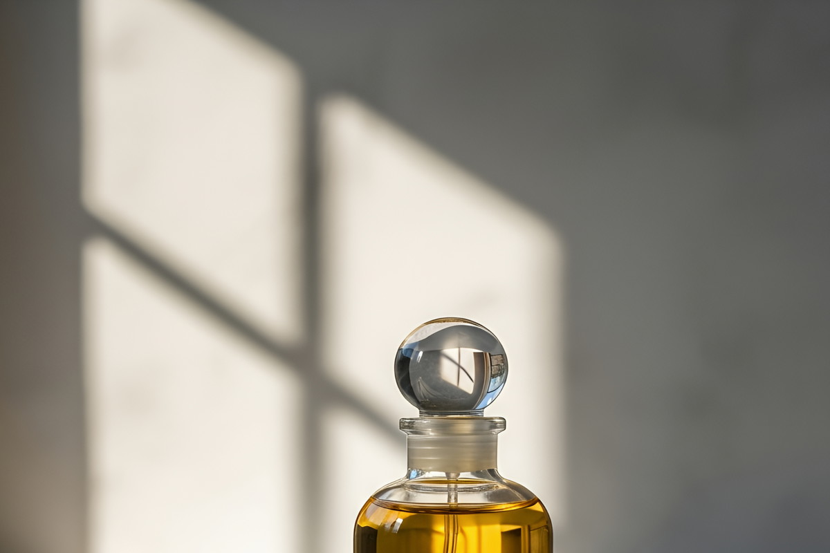 A glass bottle with golden liquid sits atop a folded gray towel, bathed in sunlight casting shadows on a white surface.
