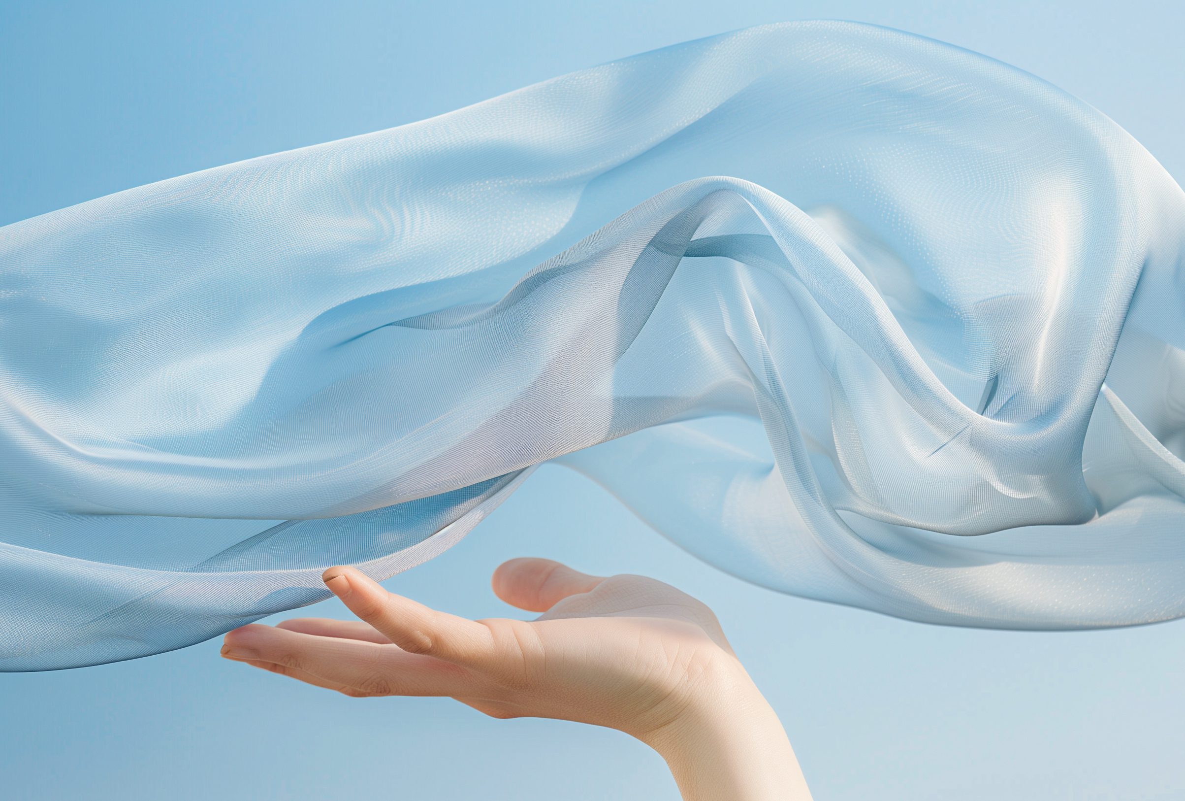 Elegance in motion: A gentle hand lifts a flowing silk fabric against a clear blue sky, symbolizing freedom and grace.