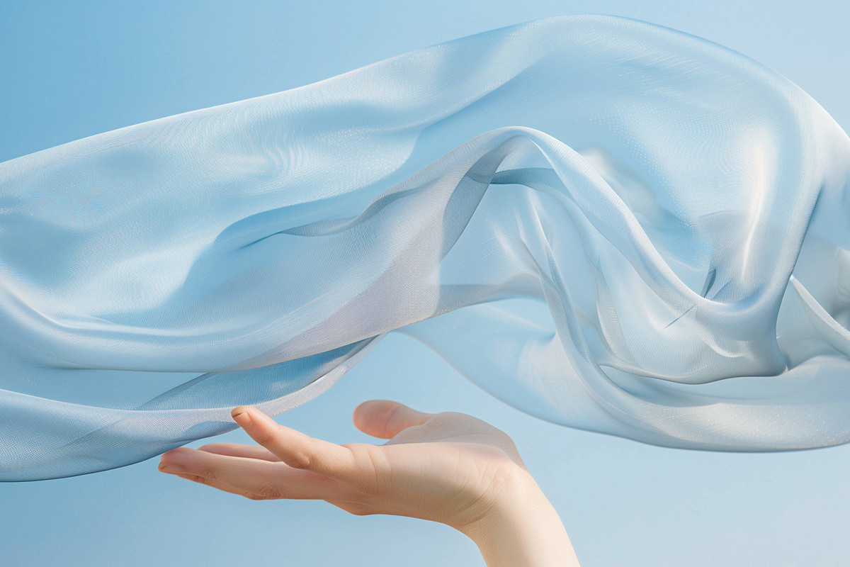 Elegance in motion: A gentle hand lifts a flowing silk fabric against a clear blue sky, symbolizing freedom and grace.