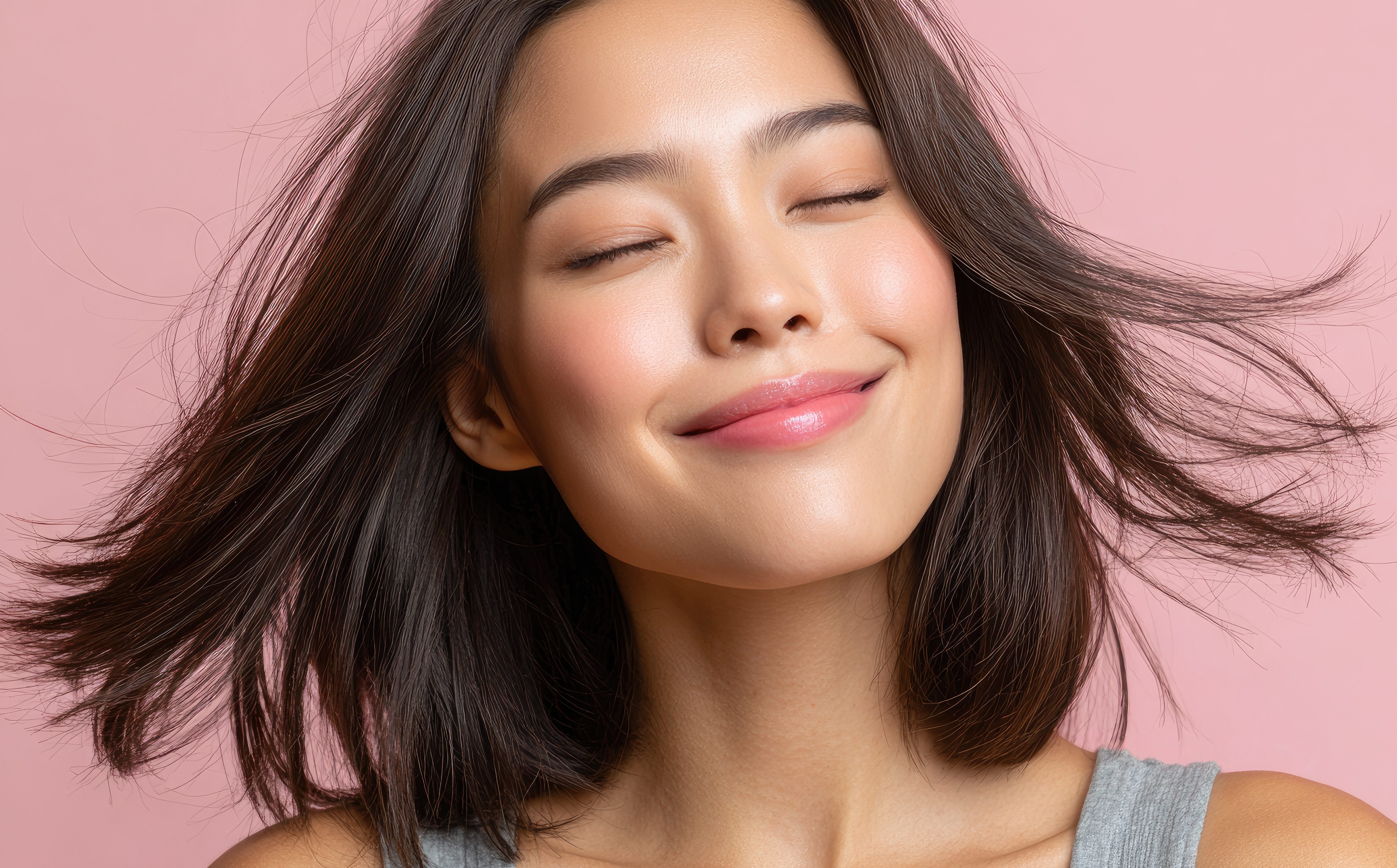 a beautiful Korean woman smiling, with her hair blowing in the wind, eyes closed, wearing a gray tank top against a light pink background