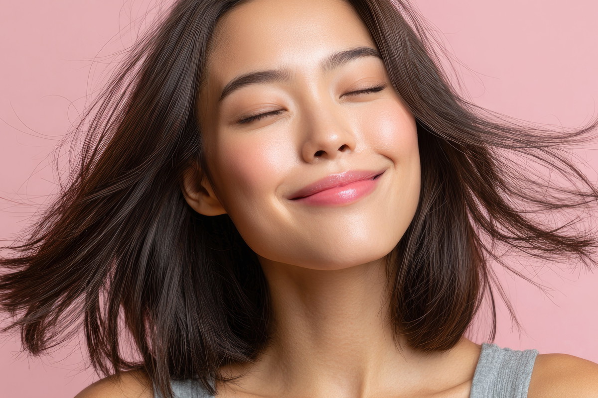 a beautiful Korean woman smiling, with her hair blowing in the wind, eyes closed, wearing a gray tank top against a light pink background