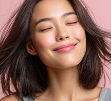 a beautiful Korean woman smiling, with her hair blowing in the wind, eyes closed, wearing a gray tank top against a light pink background
