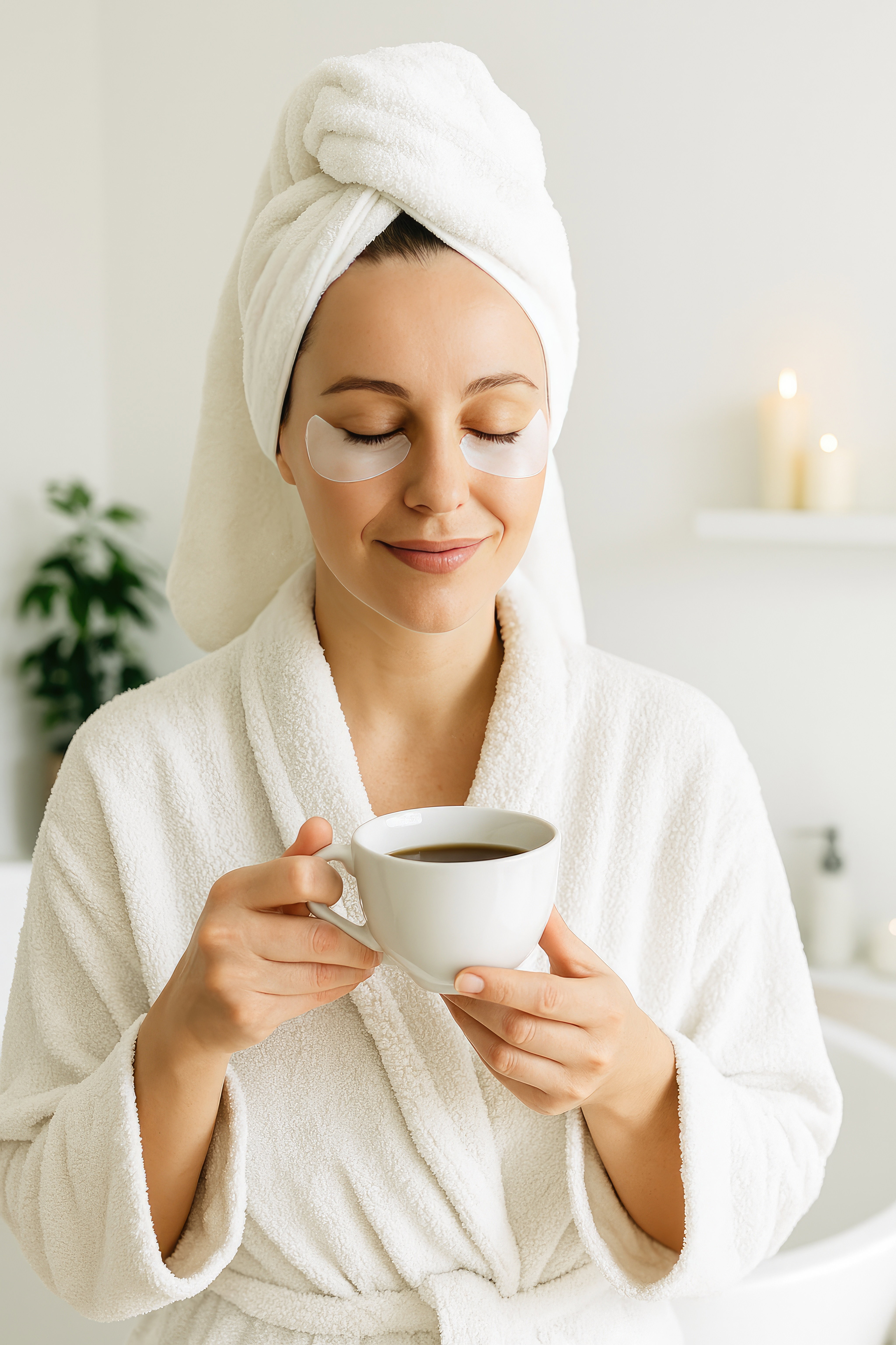 Serene woman in white robe &amp; eye patches, enjoying coffee in minimalist bathroom, warm light, calm mood, wellness aesthetic, close-up