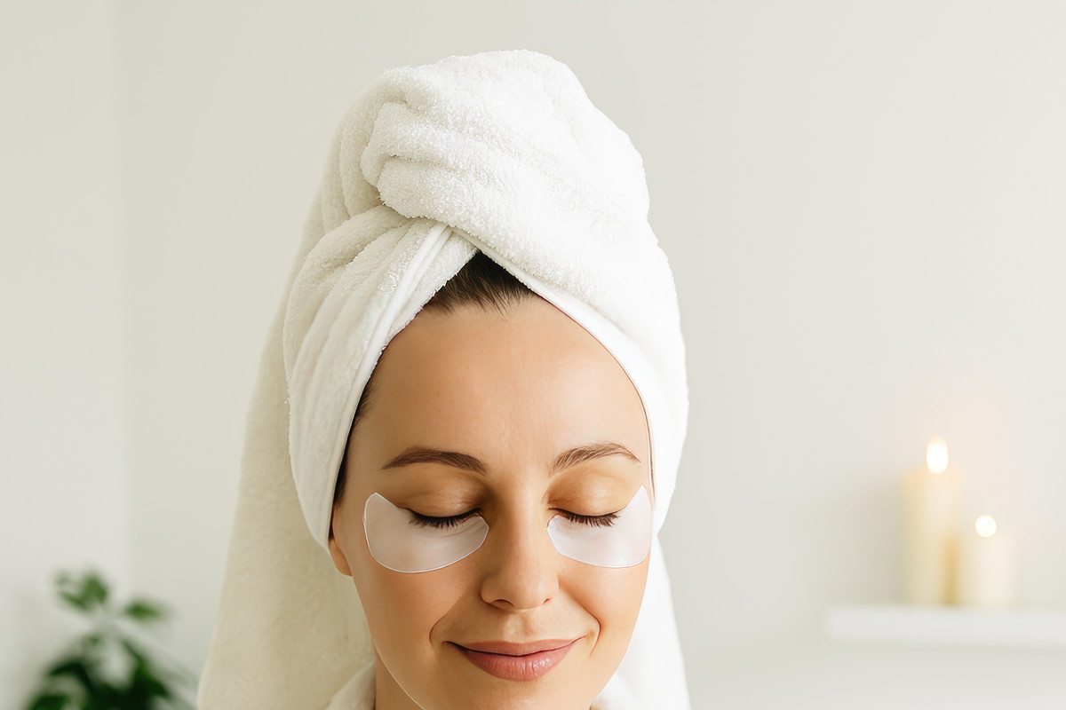 Serene woman in white robe & eye patches, enjoying coffee in minimalist bathroom, warm light, calm mood, wellness aesthetic, close-up