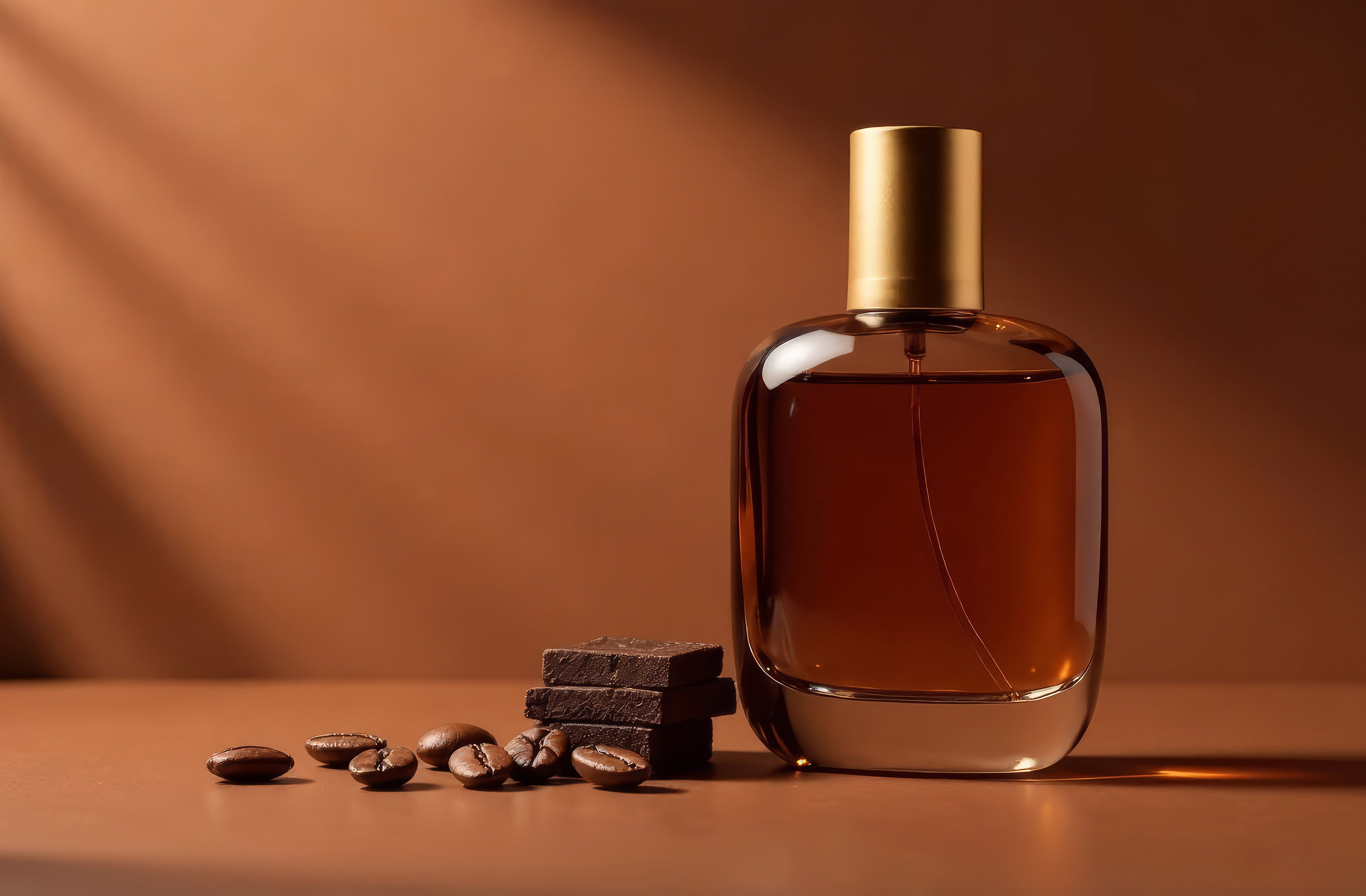 Stylish minimalist perfume bottle on caramel brown background, next to chocolate and coffee beans, copy space, mock up