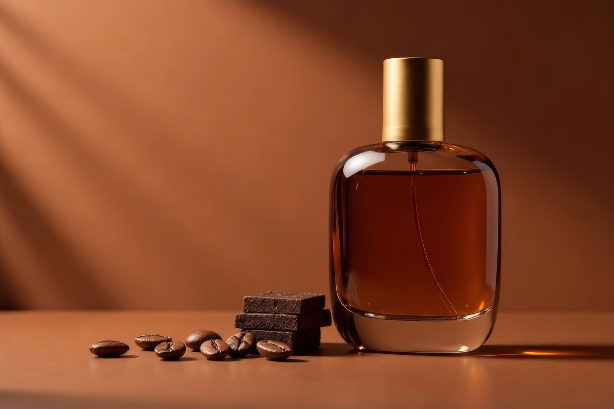 Stylish minimalist perfume bottle on caramel brown background, next to chocolate and coffee beans, copy space, mock up
