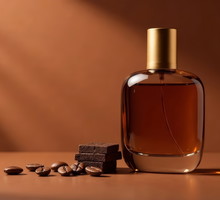 Stylish minimalist perfume bottle on caramel brown background, next to chocolate and coffee beans, copy space, mock up