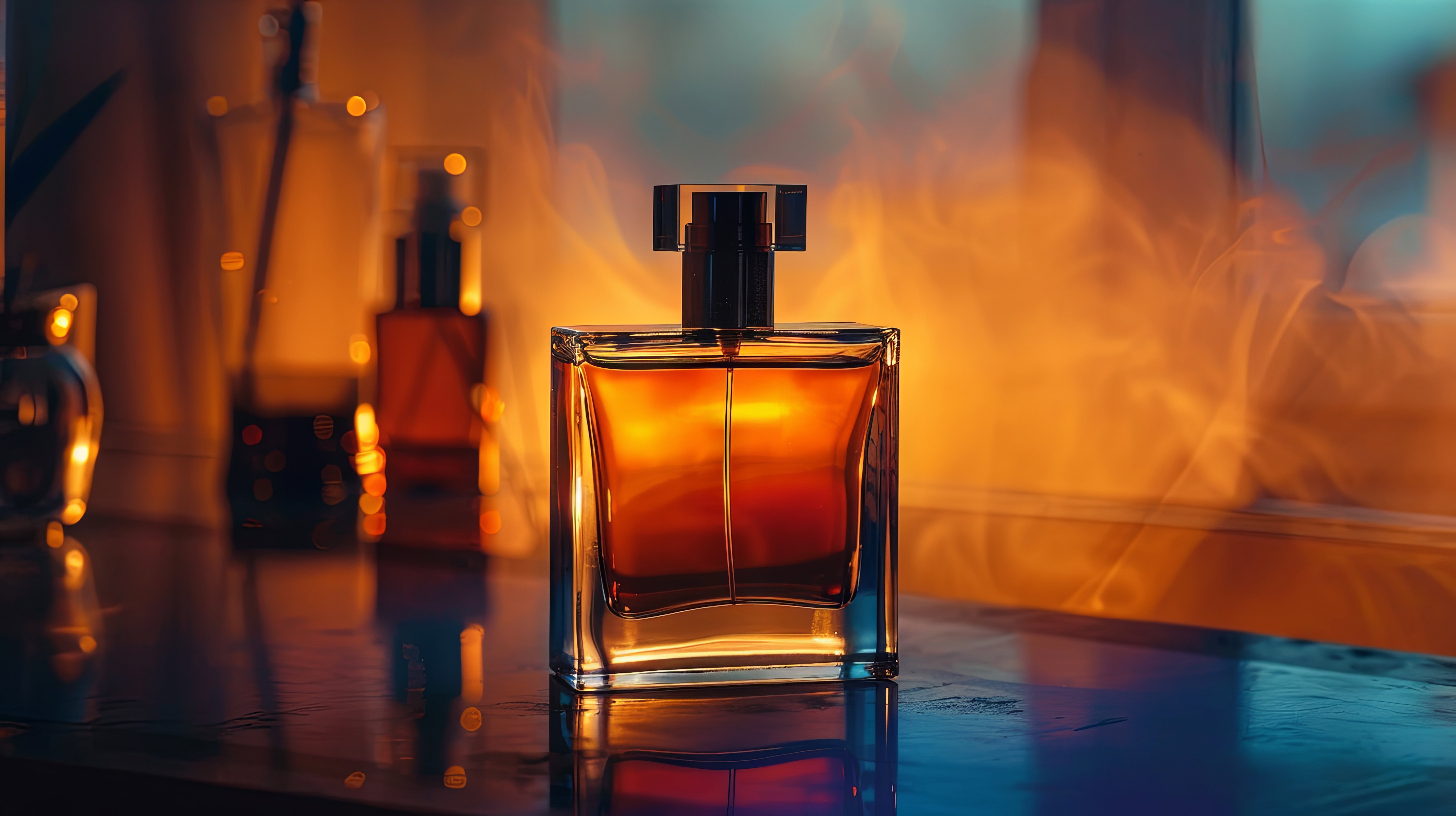 Stylish perfume bottle with amber liquid on a reflective surface with a warm glow and a smoky background. Atmospheric composition emphasizing luxury, elegance and premium style.