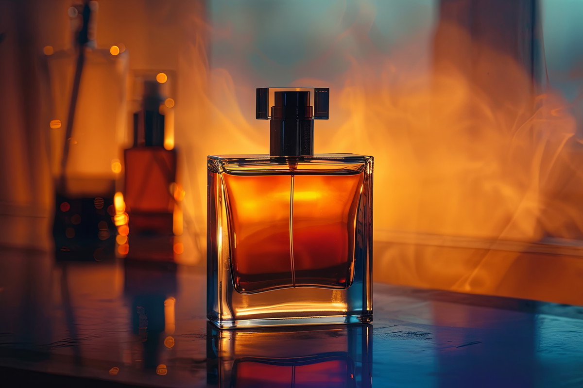 Stylish perfume bottle with amber liquid on a reflective surface with a warm glow and a smoky background. Atmospheric composition emphasizing luxury, elegance and premium style.