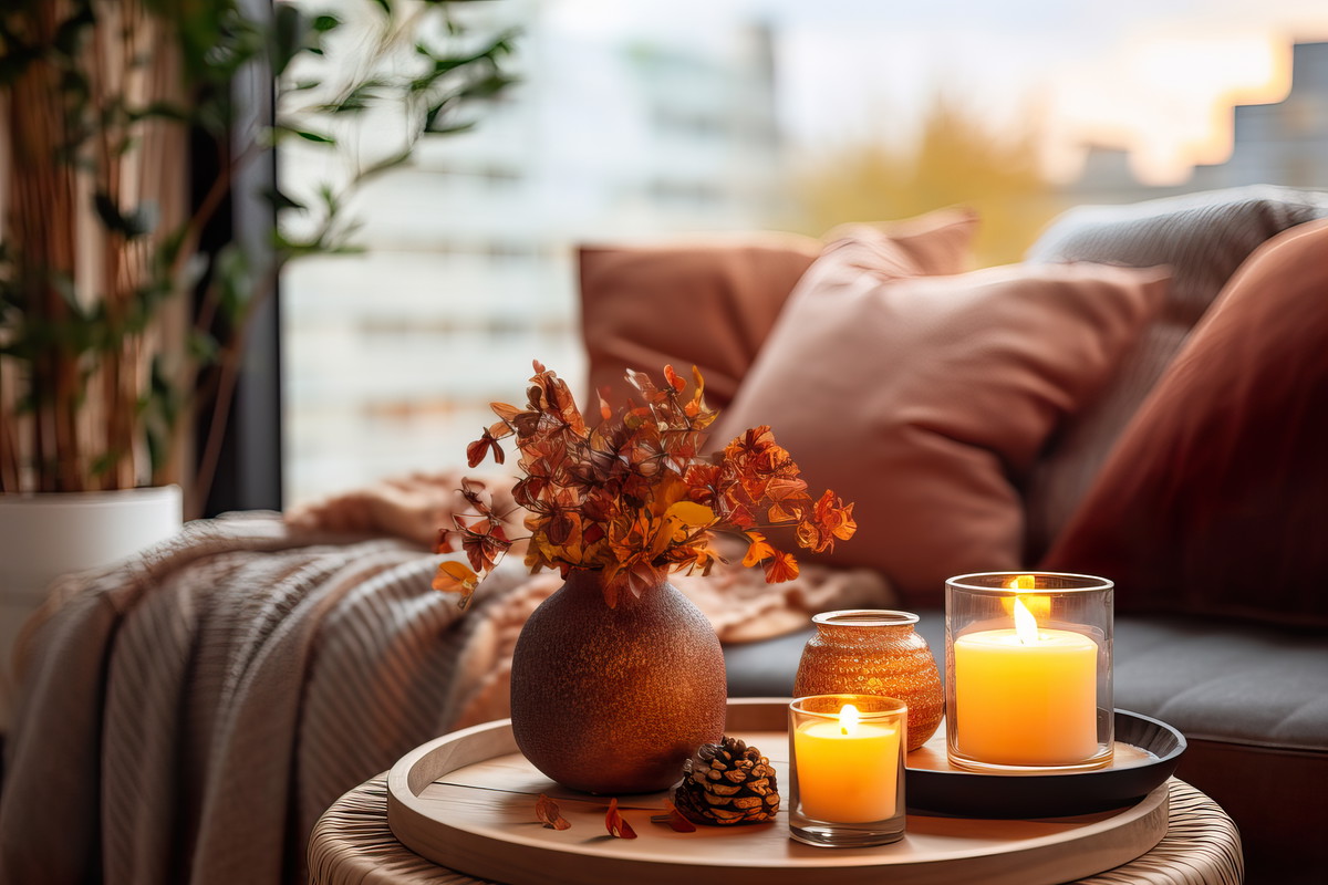 Cozy autumn interior decor arrangement, warm fall home decoration composition, dried flowers in vase
